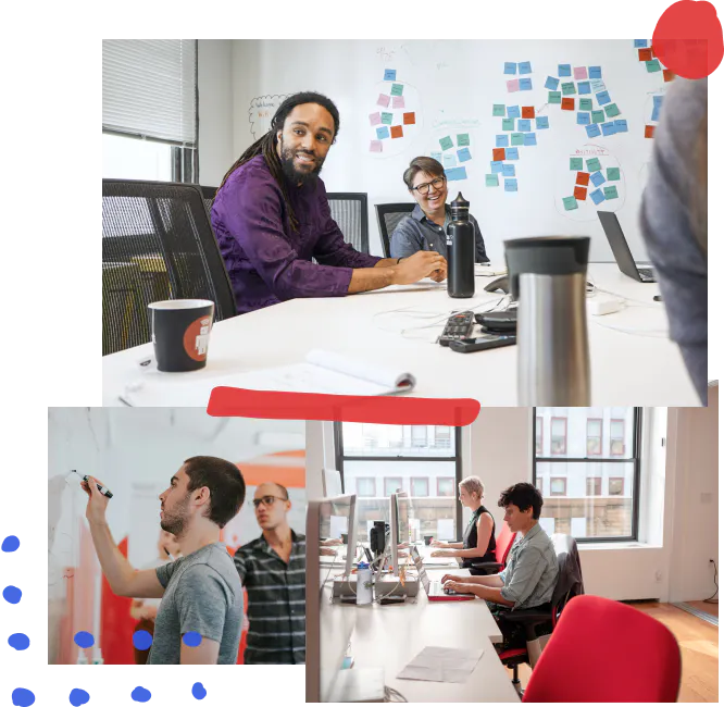Collage of three photos: the first is of two people working at a conference table with post-its lining the wall behind them; the second is two people working at a whiteboard with sketches and post-its covering it; the third is two developers seated at their desks working in front of windows overlooking NYC