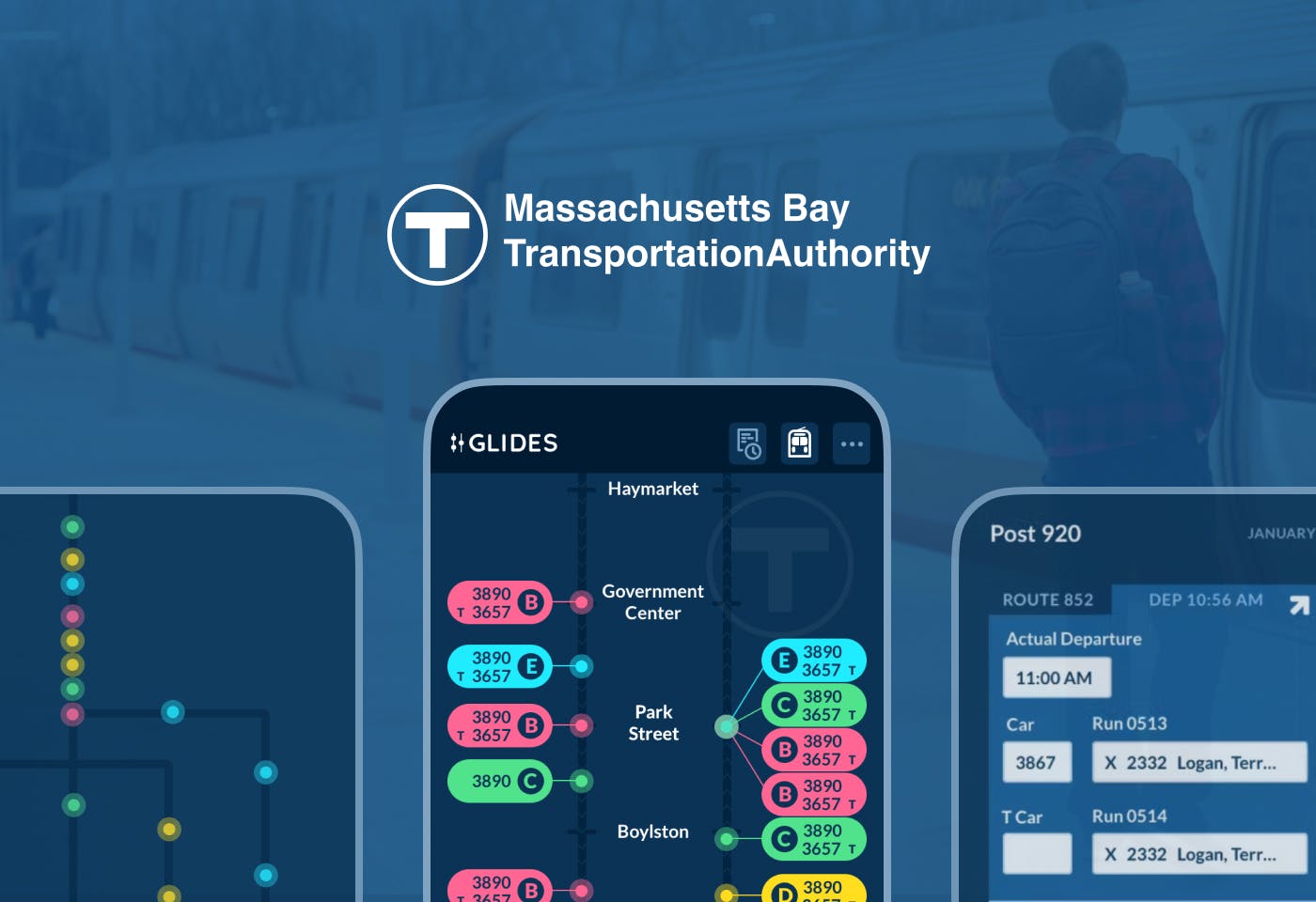 The MBTA (Massachusetts Bay Transportation Authority) logo above three screenshots of the MBTA Glides app that shows the movement of subway trains.