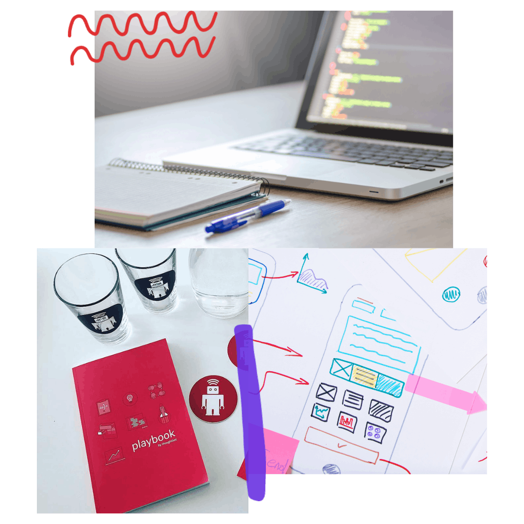 Collage of three images: code on a laptop screen, a grouping of thoughtbot branded glasses and our Playbook, a sketch of a mobile screen workflow