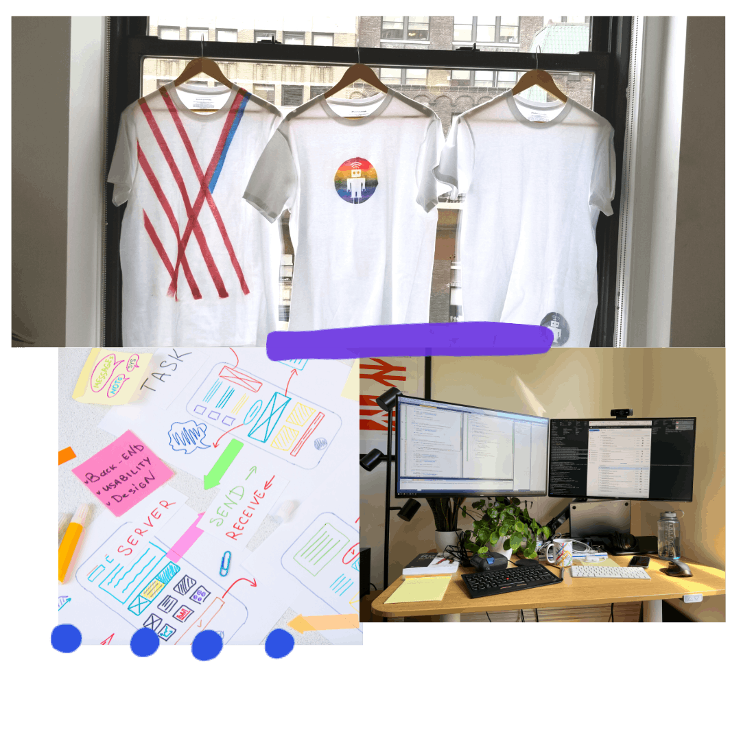 a collage displaying thoughtbot t-shirts by a window, hand-drawn mobile interface designs with notes and monitors showing programming code