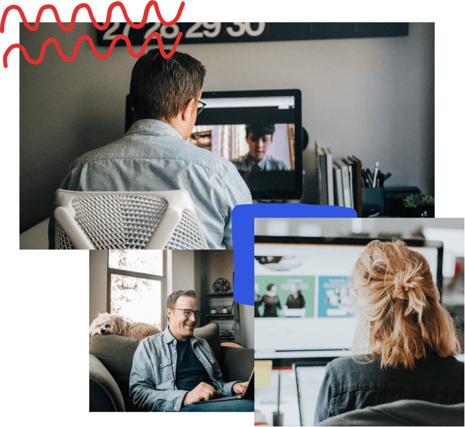 Three photographs of different variations of remote working in a collage with a hand-drawn elements