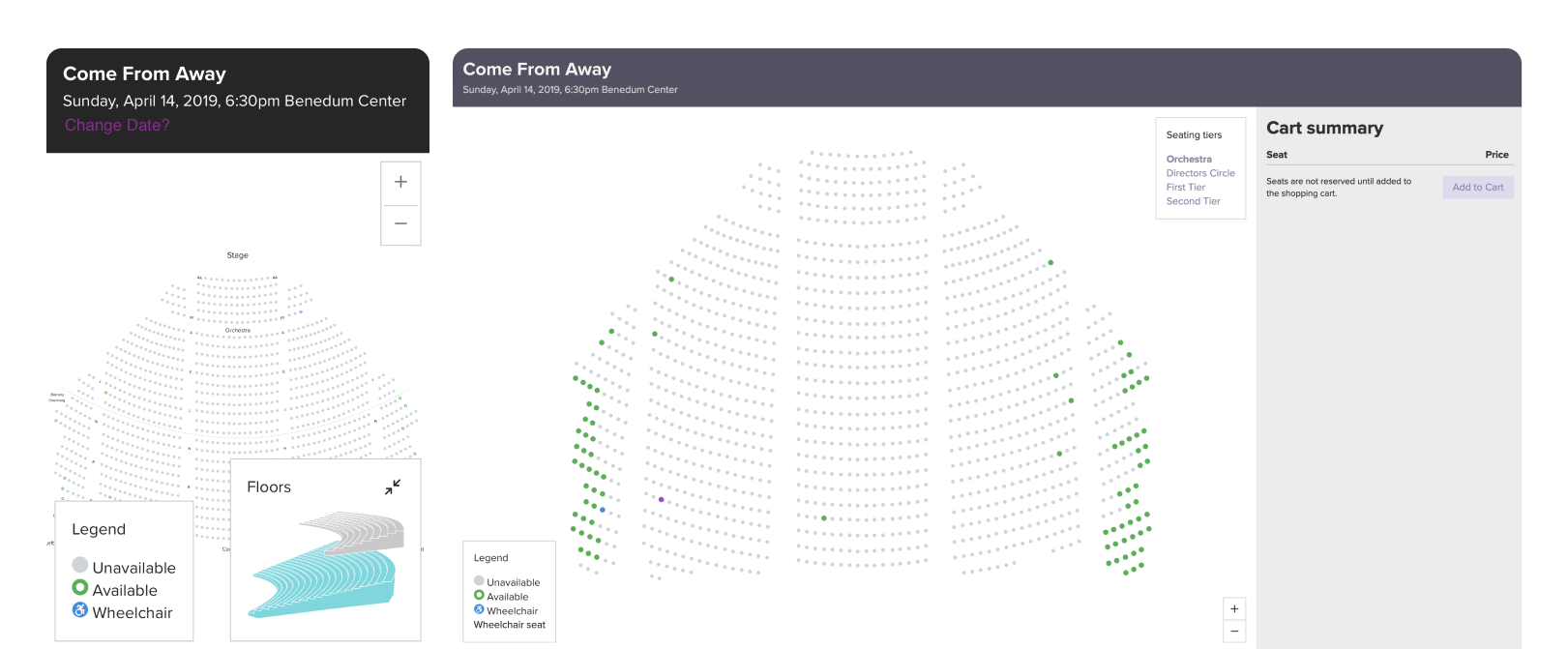 Two screenshots from the ticketing feature on the Pittsburgh Cultural Trust site; the first is a smaller screen showing available seating with a legend and an inset of floor layout, the second is a large screen showing available seating with a cart summary to the right.