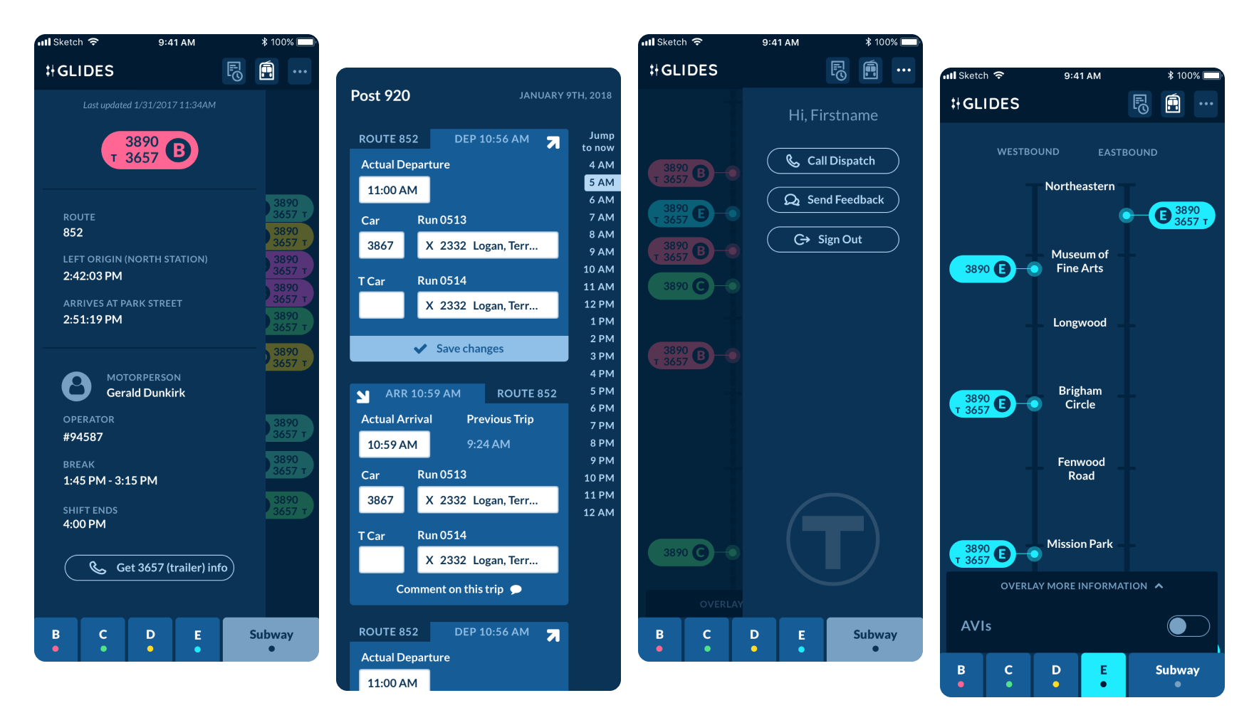 Four screens from the finished application; a screen showing a single train, a srcreen showing arrivals and departures, a screen showing call information, a screen showing a single train and it's stops