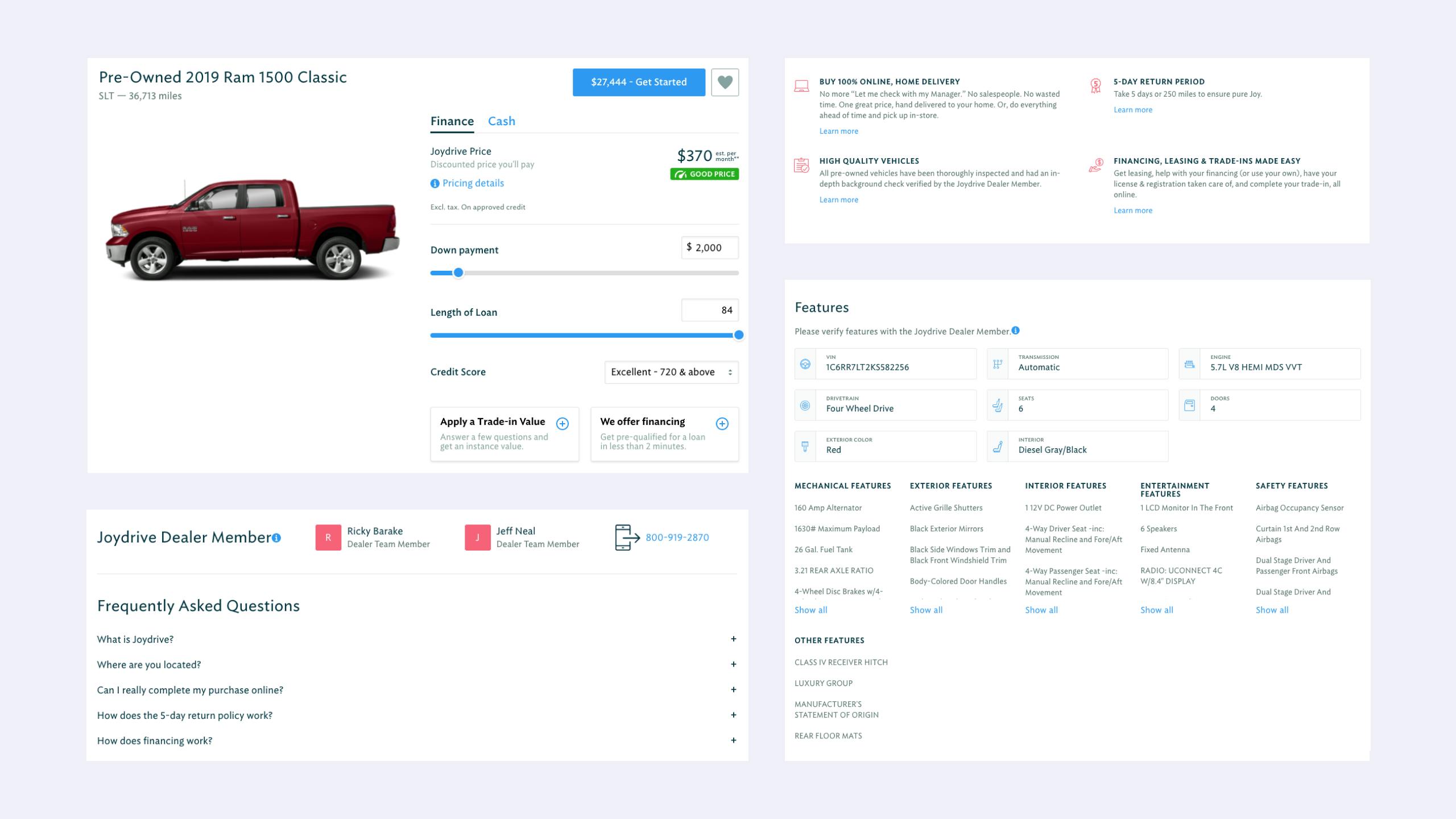 Four interface components from the Joydrive vehicle page.