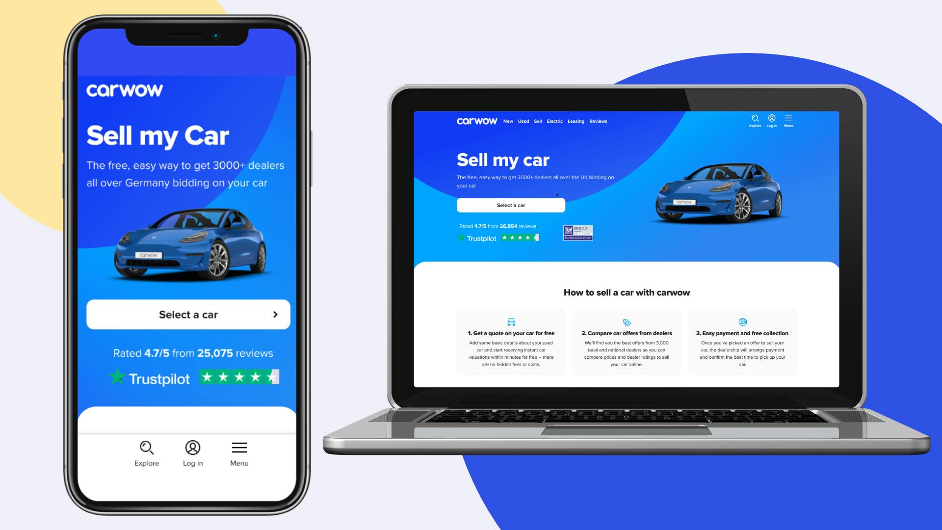 Image of a mobile phone and a laptop displaying carwow's Sell Your Car welcome screen