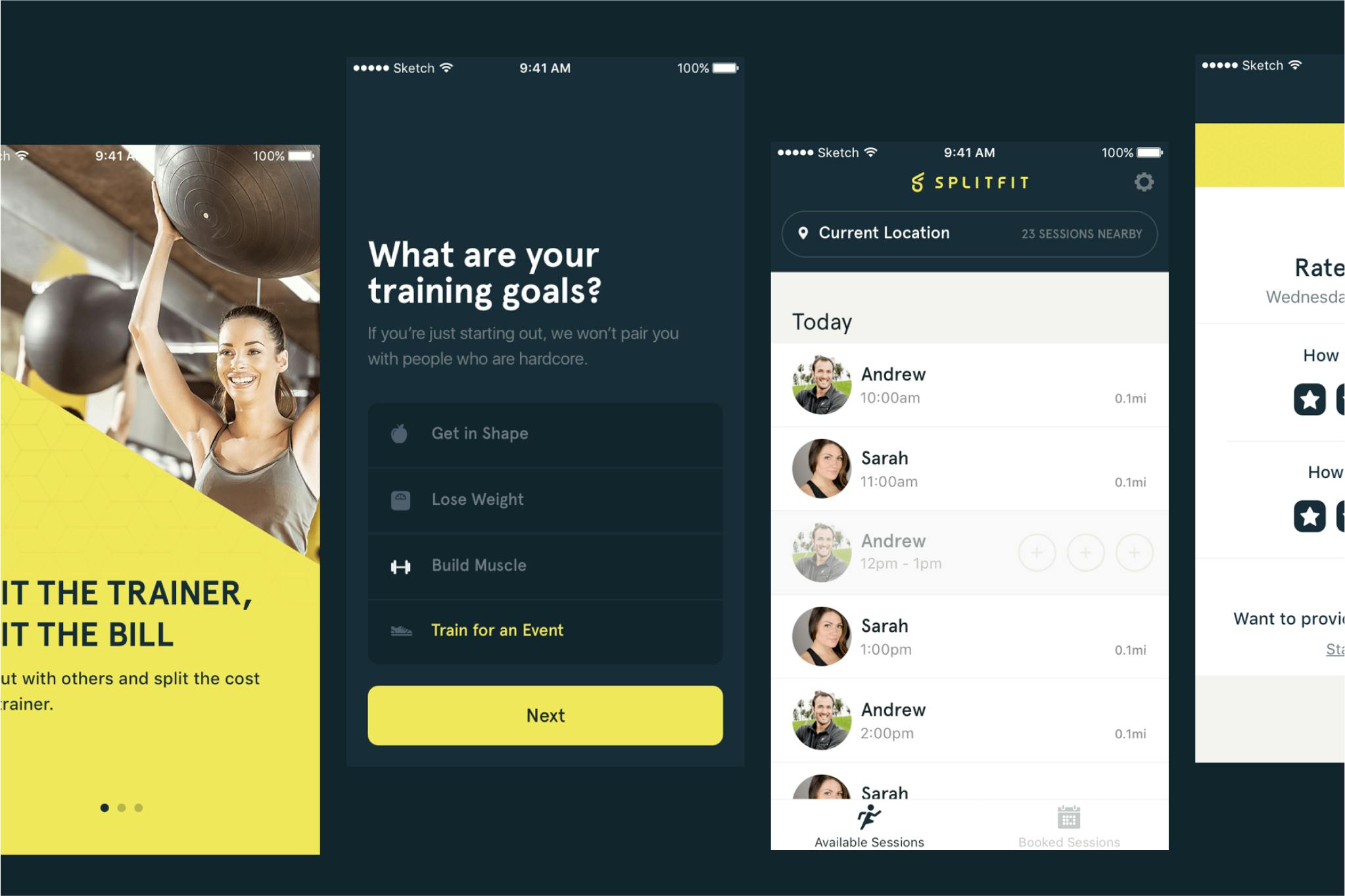 Screenshots of the SplitFit app, including onboarding, training goals, a list of trainers, and a workout rating.