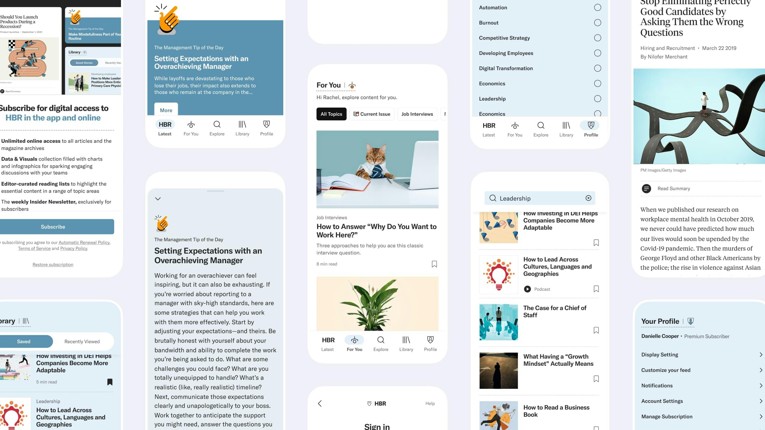 A grid of screenshots of the Harvard Business Review app.