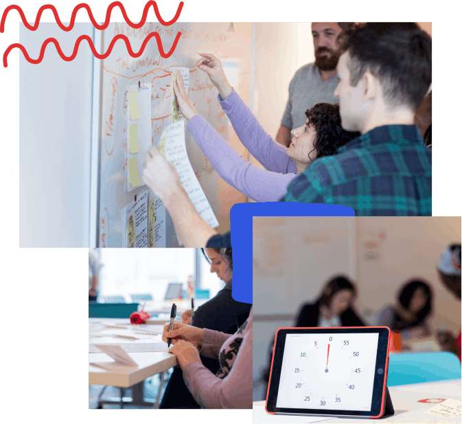 A collage of photos with hand-drawn elements; from top left, a group of people pinning up their storyboards from a design sprint, a close up of someone drawing with a sharpie during a design sprint, an iPad with a timer on it and people working in the background