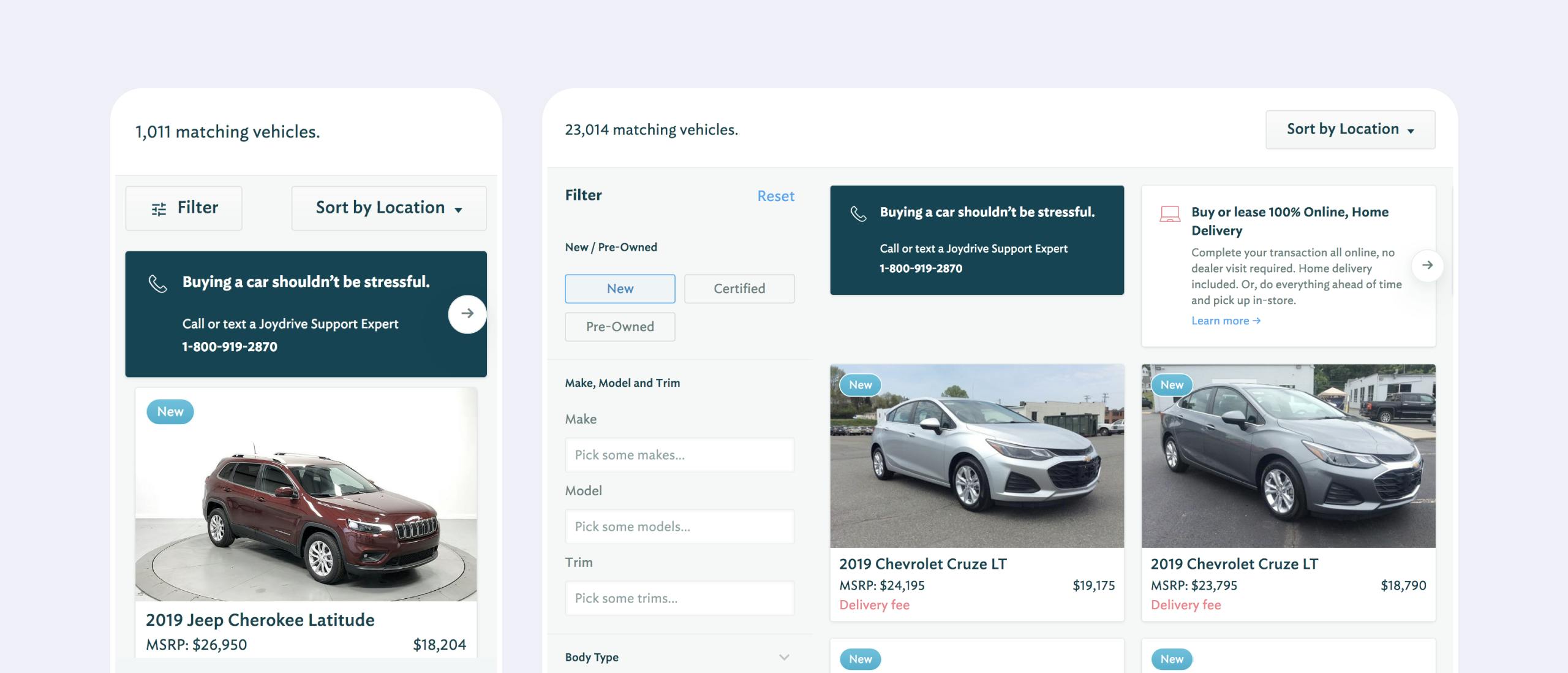 Two screenshots of the search interface for a new car, one at tablet size and one at mobile size.