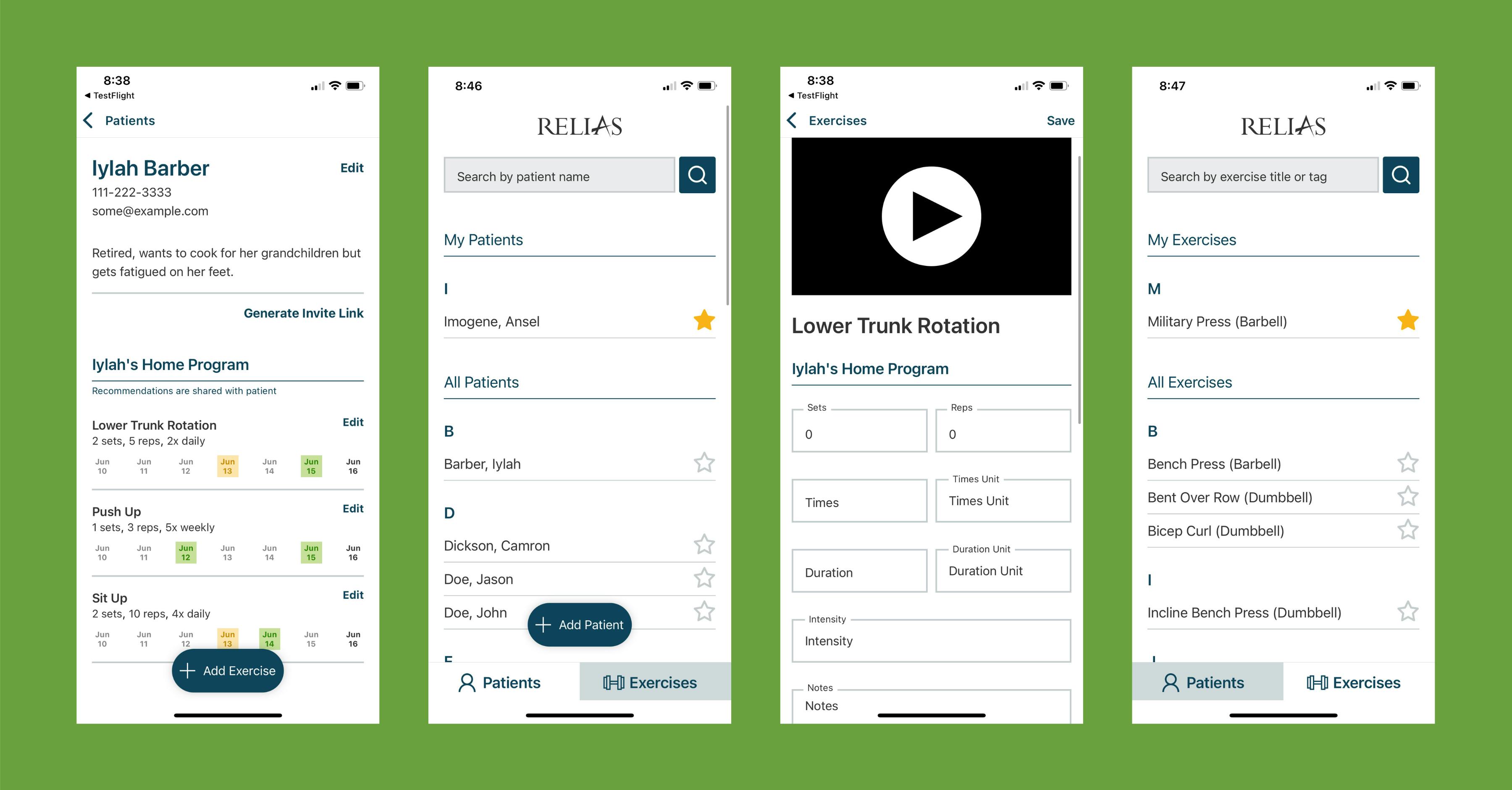 Mobile screen shots of Relias patient app