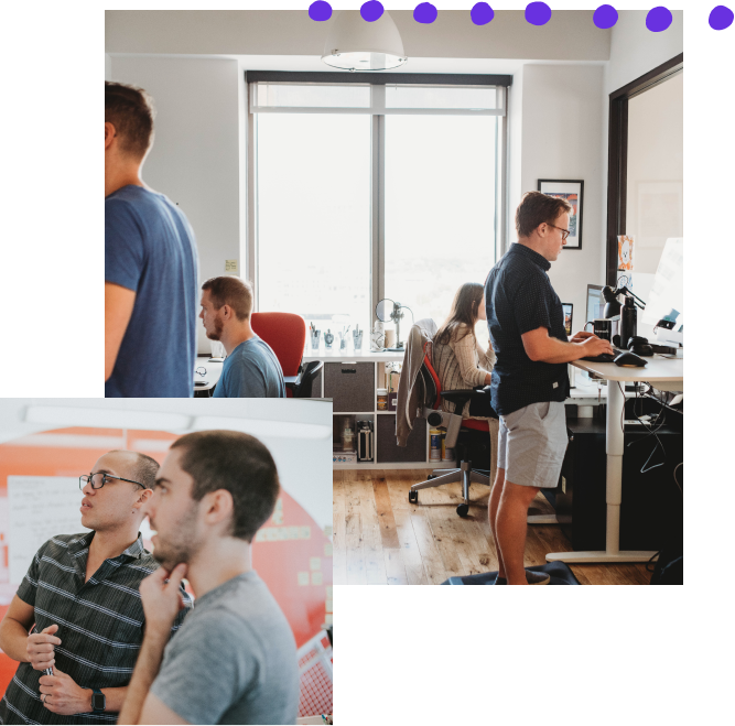 Collage of two photos: the first is of four thoughtbot teammates working on computers at their desks; the other shows a thoughtbot designer and a developer critiquing something