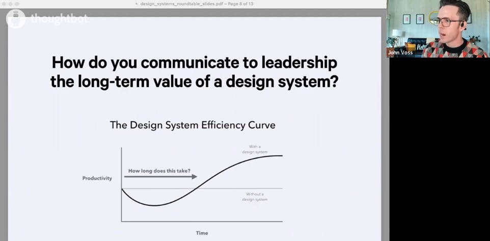 Image of Design Systems Roundtable webinar screen share and guest John Voss