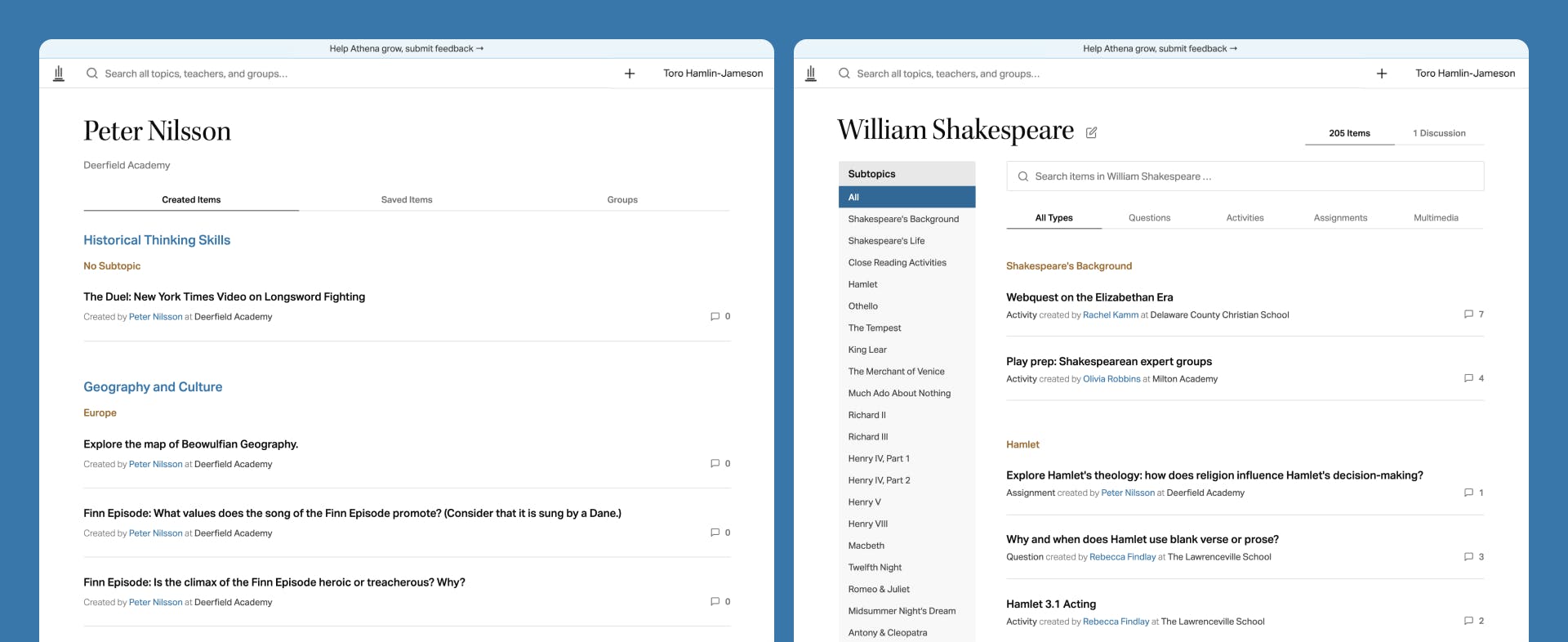 Two screenshots of the Athena application; the first is a user profile screen, the second a topic screen about William Shakespeare.