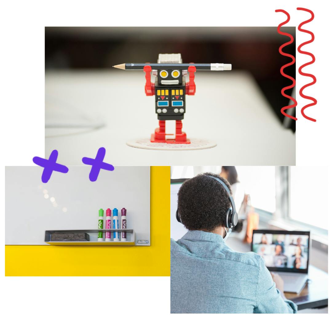 Collage of three images: thoughtbot Ralph robot figure, whiteboard with markers, and the back of a teammate attending a video call with other remote teammates