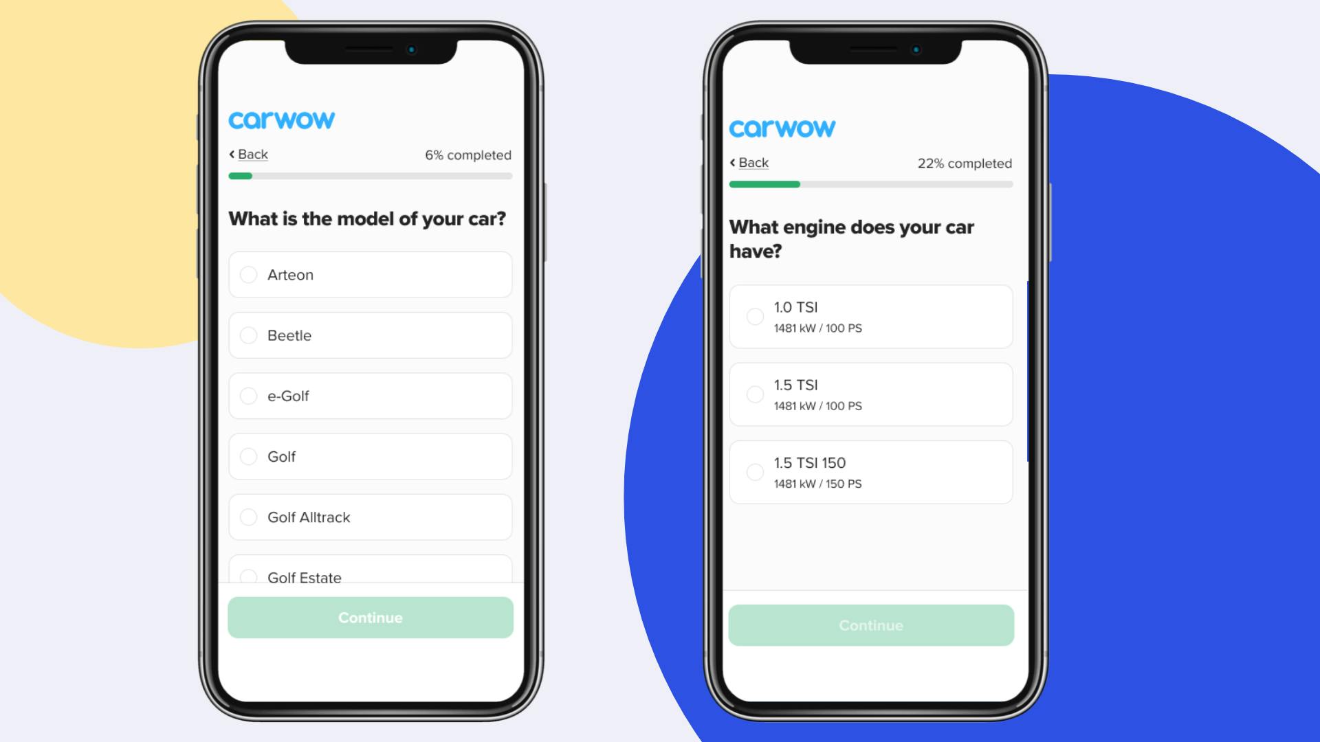 Two mobile phones showing screens from the seller input steps of the carwow Sell Your Car product