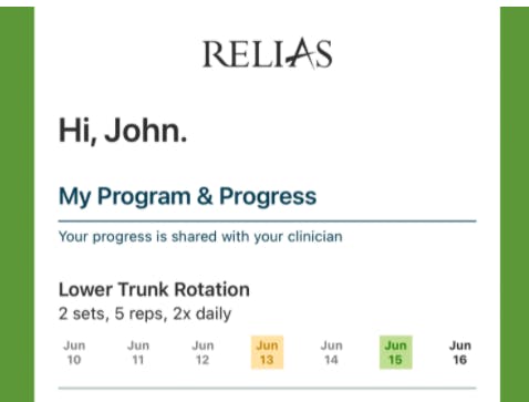 Screenshot of Relias patient mobile app