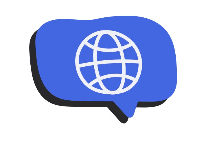 An illustration of a blue speech bubble with a world line drawing in the center of it.