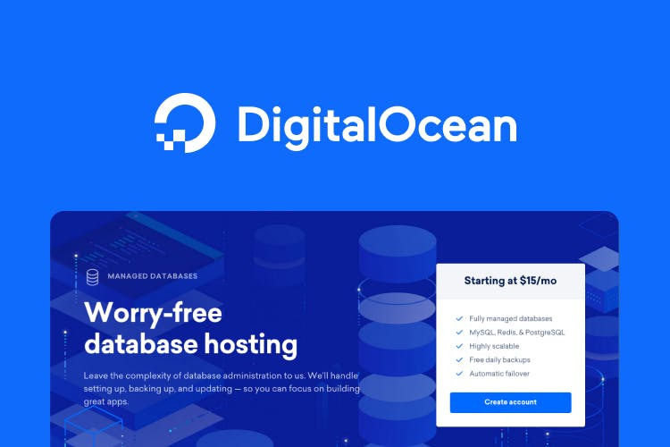 The DigitalOcean logo placed above a screenshot of their homepage. The homepage promises, 'Worry-free database-hosting'.