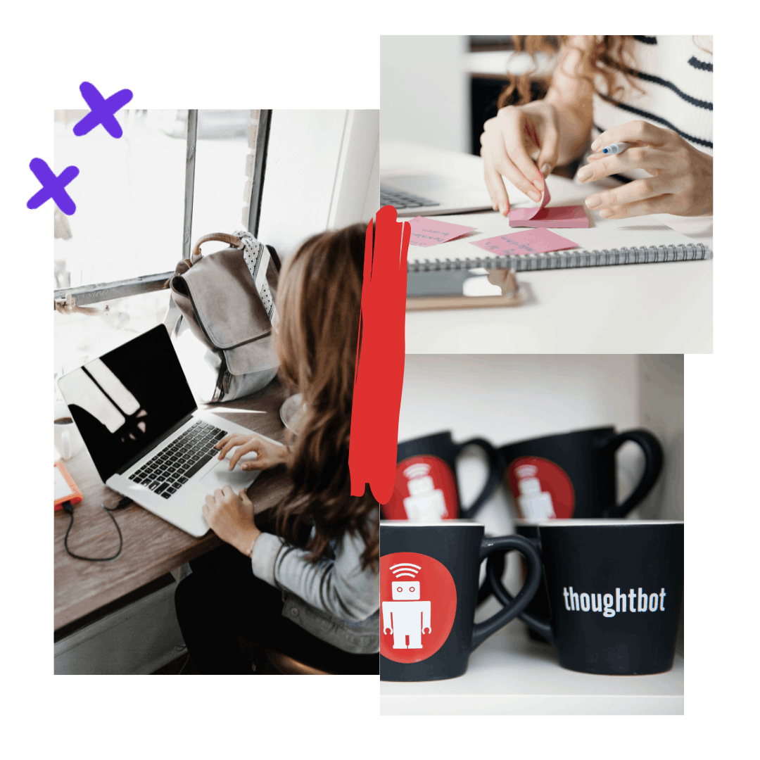 a collage displaying a person working at a laptop, a person writing on sticky notes and a group of mugs with thoughtbot's logo