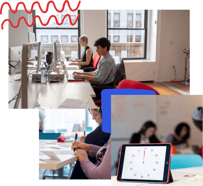 A collage of photos with hand-drawn elements; from top left, two developers sitting at their desk with two large windows behind them, a close up of someone drawing with a sharpie during a design sprint, an iPad with a timer on it and people working in the background