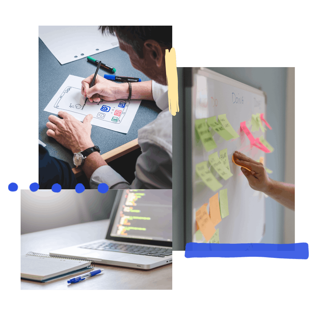 collage of 3 images: person drawing a user interface mockup, white board with sticky notes, and a laptop next to a paper notebook