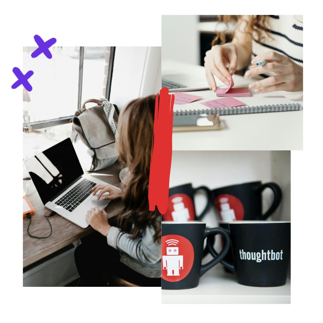 Collage of three photos: a teammate working on a laptop in front of a window; a close up of a teammate's hands working with post its and a notebook; a stack of thoughtbot branded mugs.