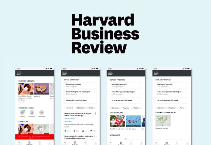 different pages from the Harvard Business Review app