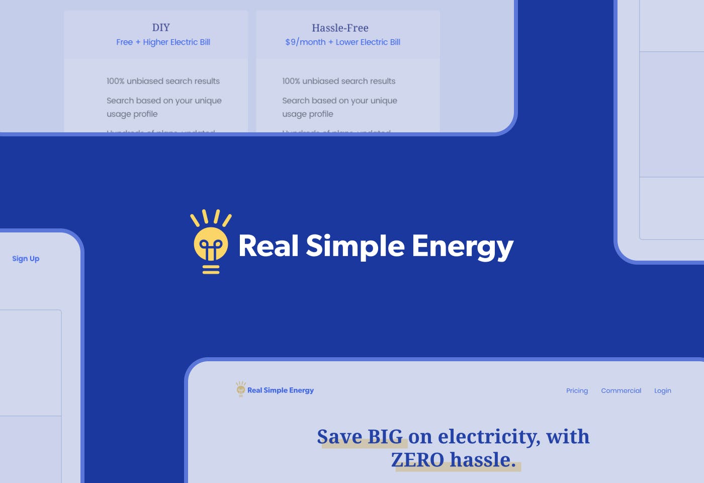 Real Simple Energy logo surrounded by four screenshots of the Real Simple Energy web product including the heading "Save BIG on electricity, with ZERO hassle.