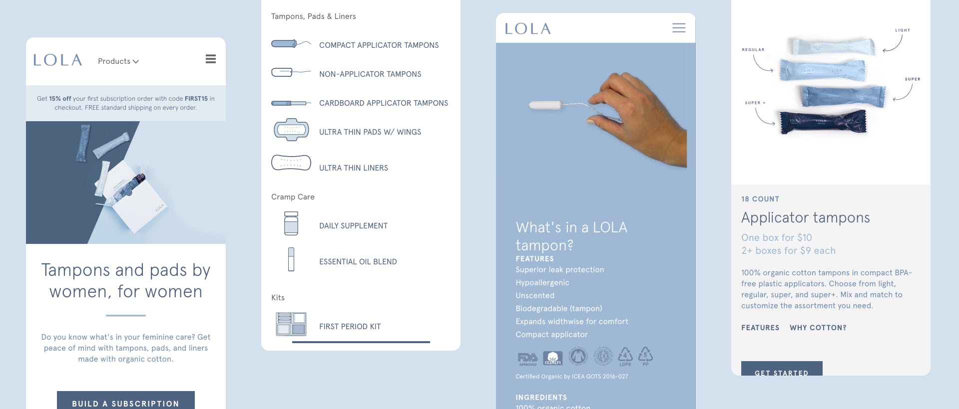 Four screenshots of the LOLA e-commerce store; from left to right, homepage hero, navigation with icons, what's in a LOLA tampon, product hero
