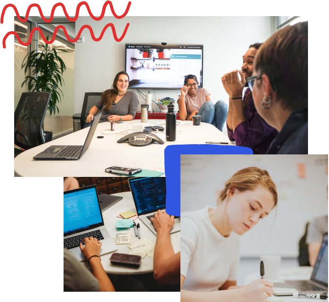 Collage of three photos: the first is of four thoughtbot team members laughing with each other in a meeting room; the second shows two laptops with post-it notes spread around the table; the third is of a designer focused on sketching on a piece of paper
