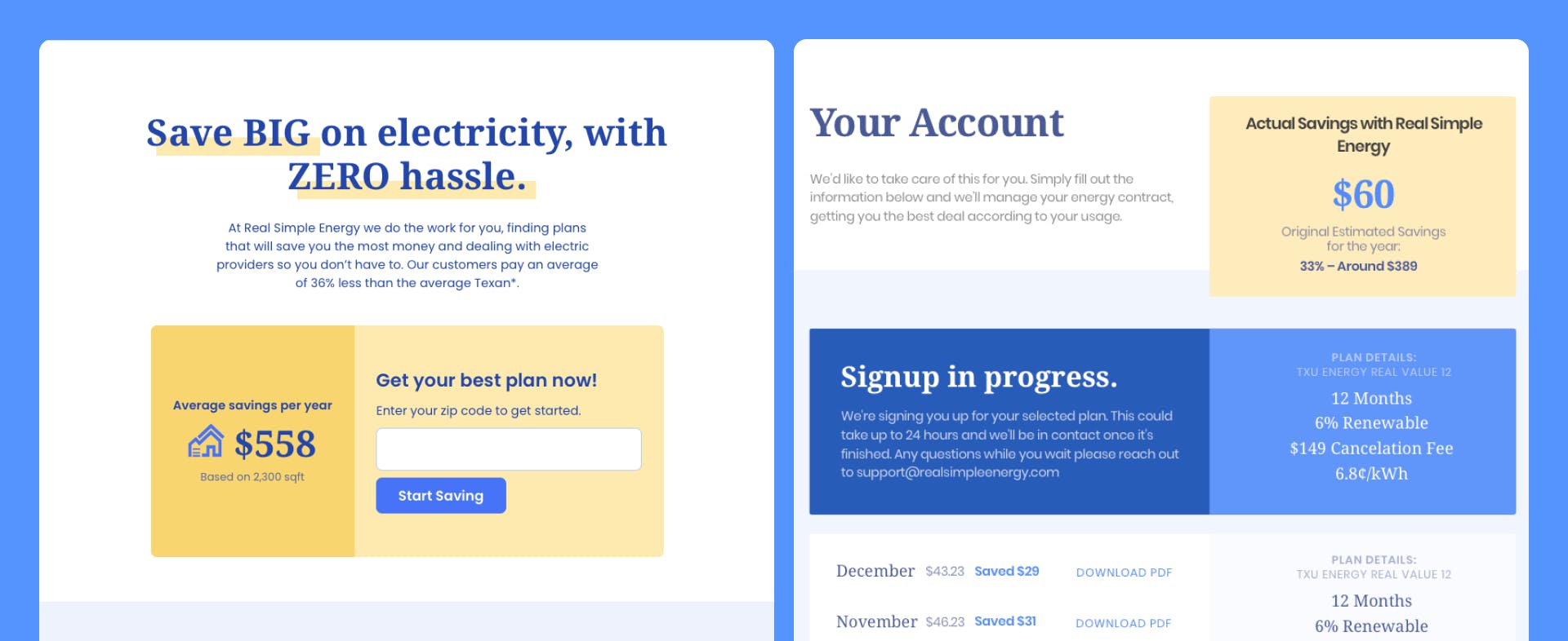 Two screenshots of the Real Simple Energy application; the homepage hero and account page