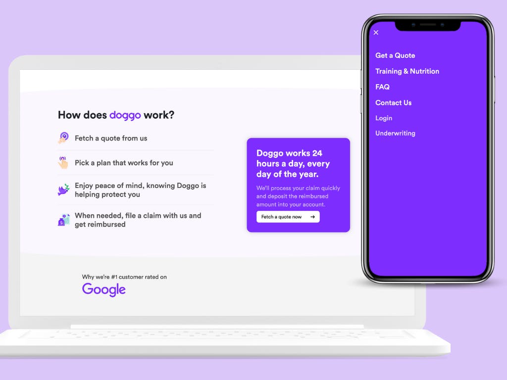 Image of Doggo's How does it work website page and mobile version on a lavender background