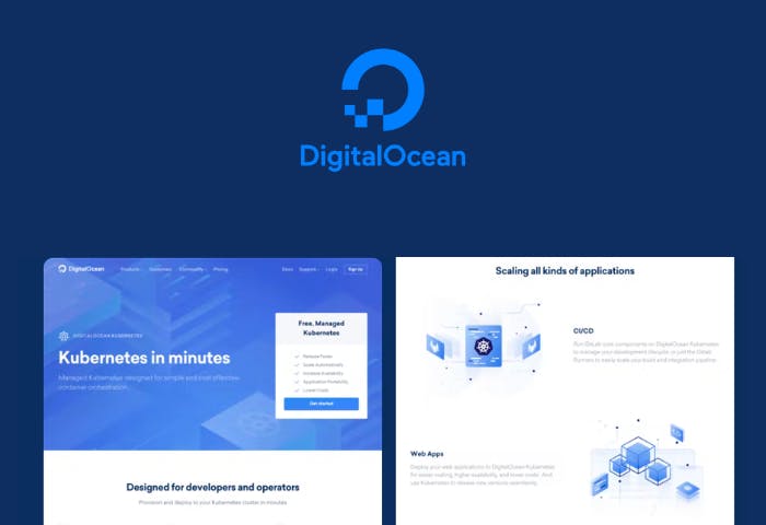 Digital Ocean logo above a frame with kubernetes info and a frame with general website scaling info