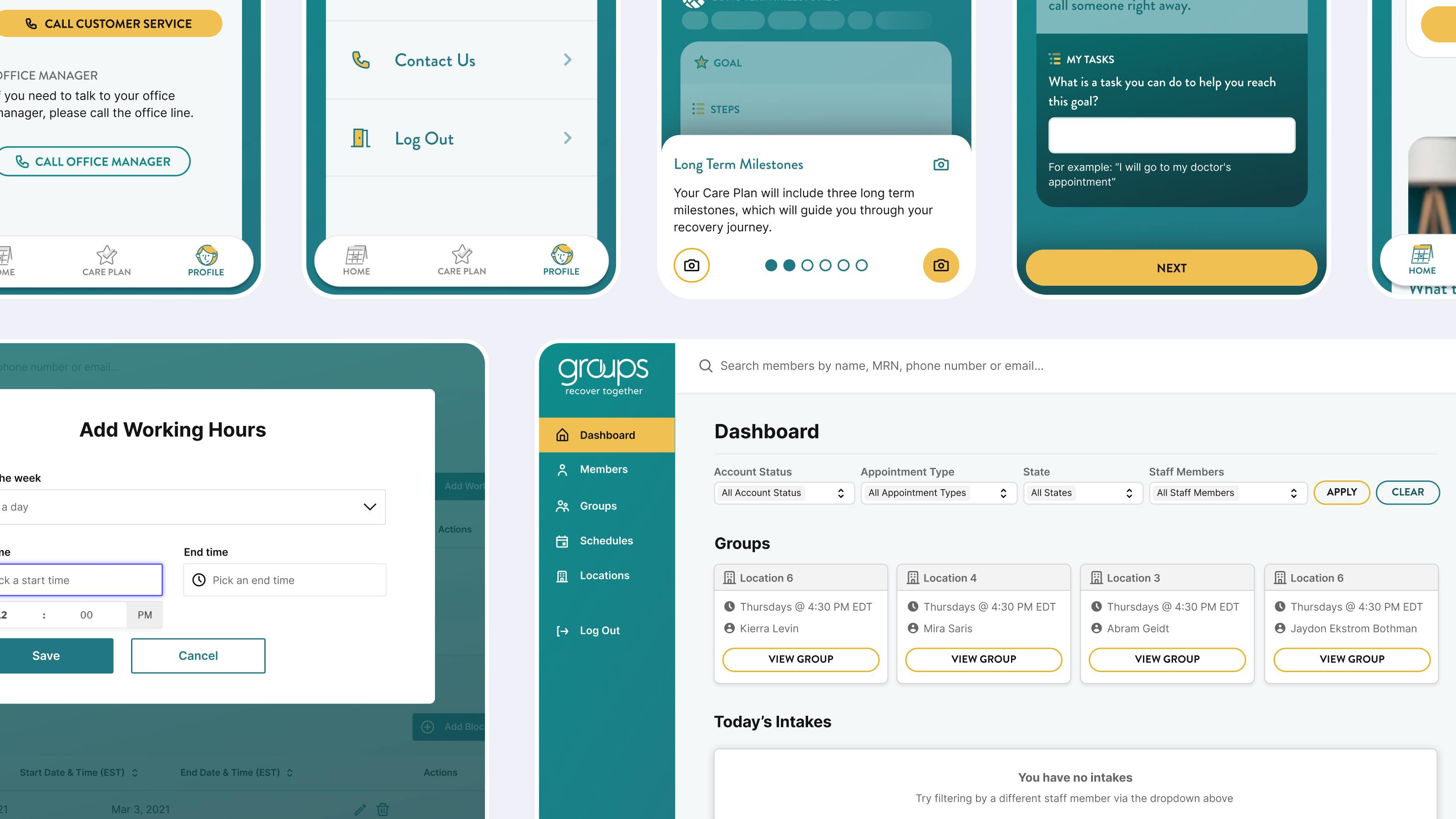 Overview of the different screens built for Groups Recover Together. Showing mobile app screens and web app dashboard screens.