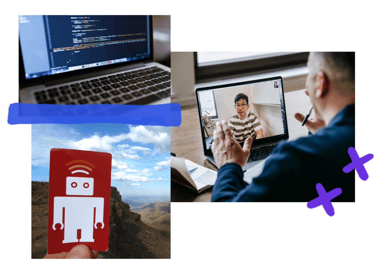 collage of 3 images: laptop with code written on the screen, video call between 2 people, and card with thoughtbot's mascot, Ralph