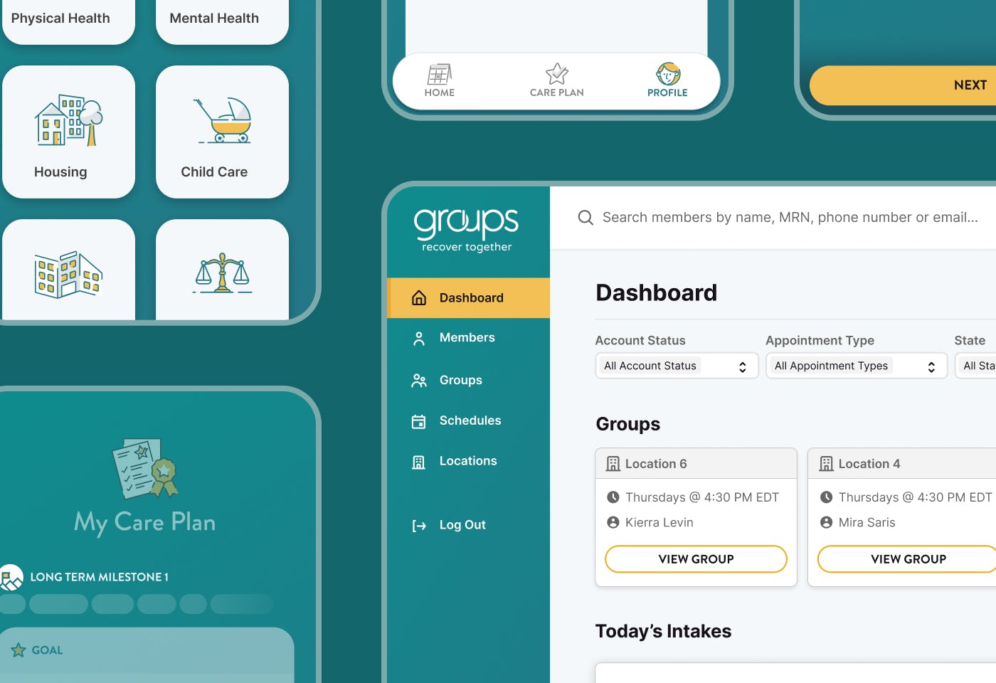 Screenshots of the Groups Recover Together application arranged in a grid of mobile and desktop size screens.