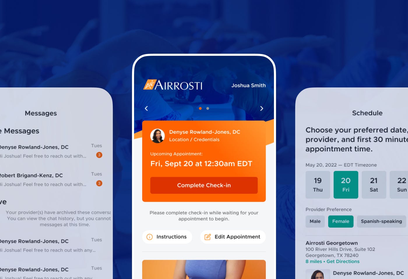 Mobile screenshots of the Airrosti mobile app on a blue background.