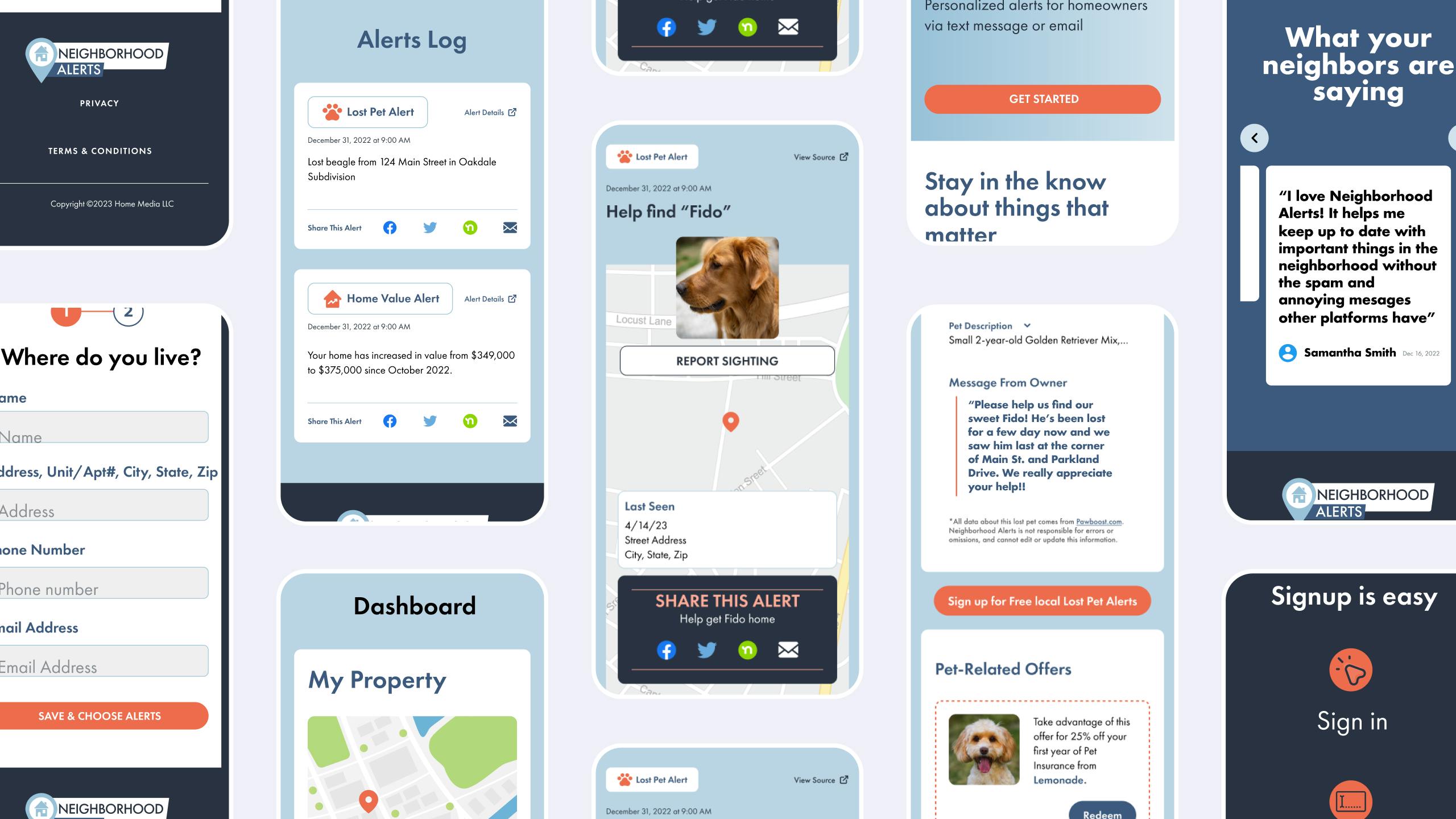 Screenshots of the Neighborhood Alerts app arranged in a grid. They show different pages of the product.
