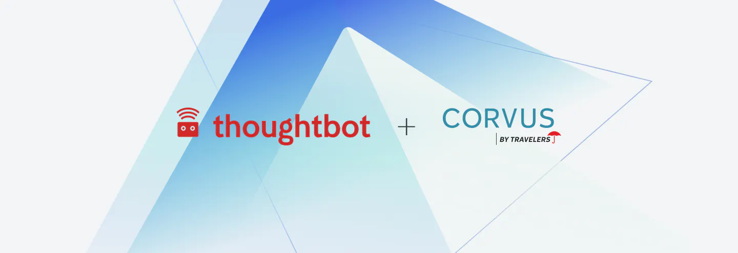 Thoughtbot and Corvus Insurance logos over an abstract blue geometric background