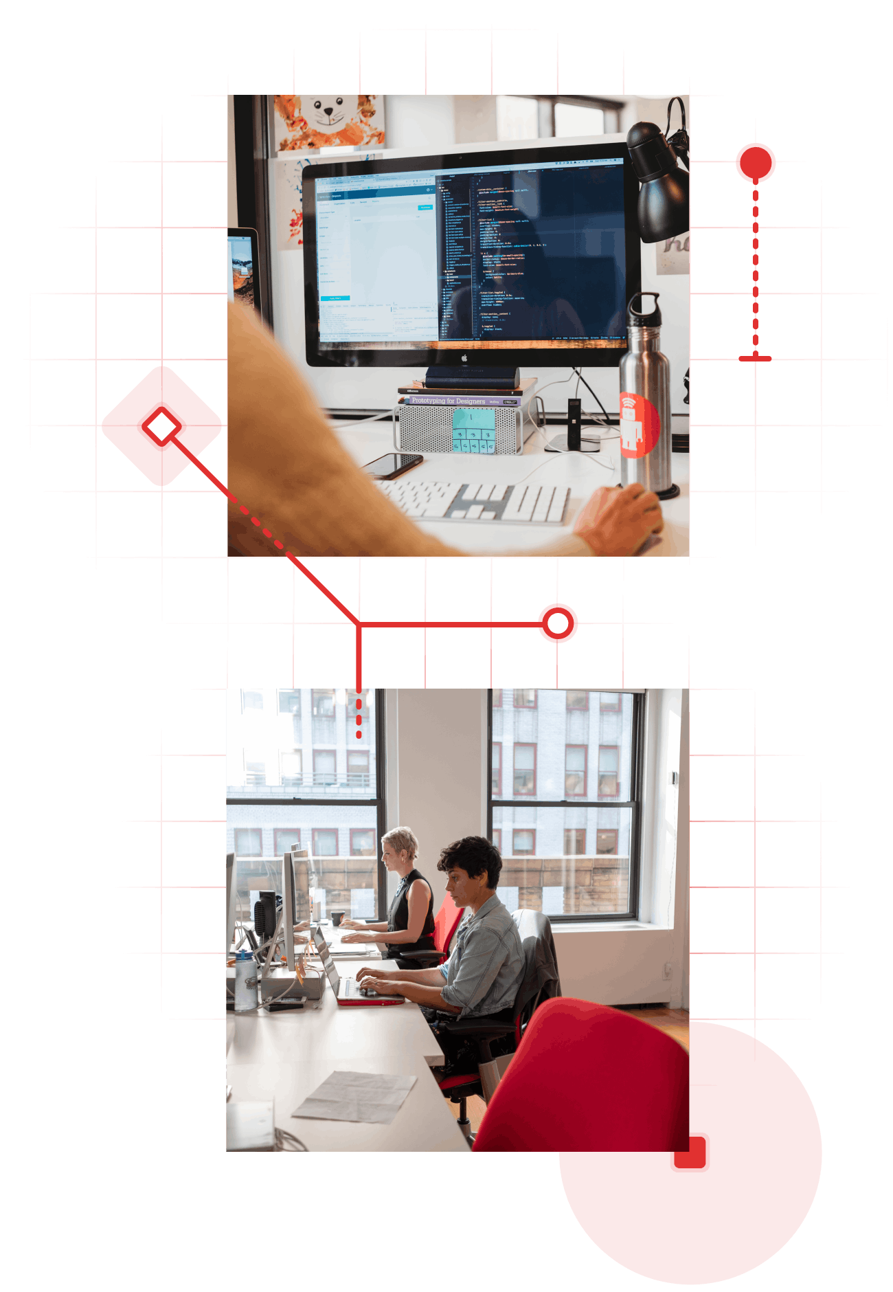 A collage of two images surrounded by red illustrations that look like circuits. Images in the collage show developers working on desktop computers in an office environment.