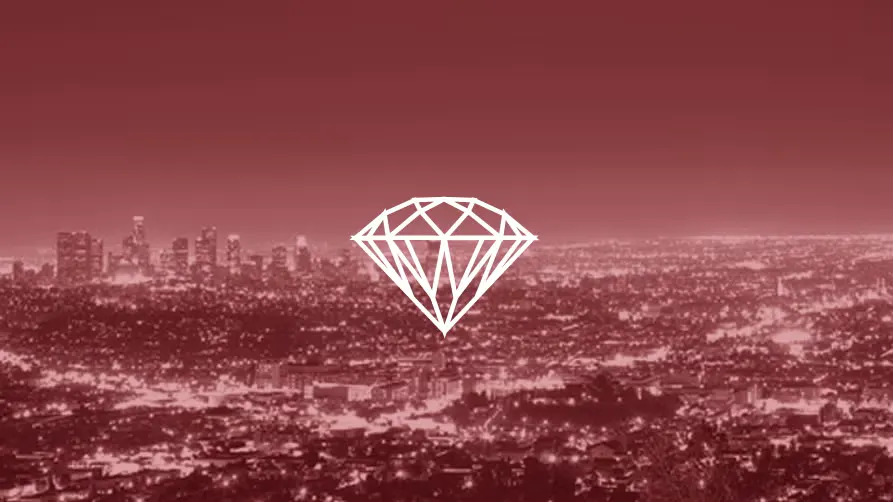 Photo of Los Angeles skyline and ruby illustration