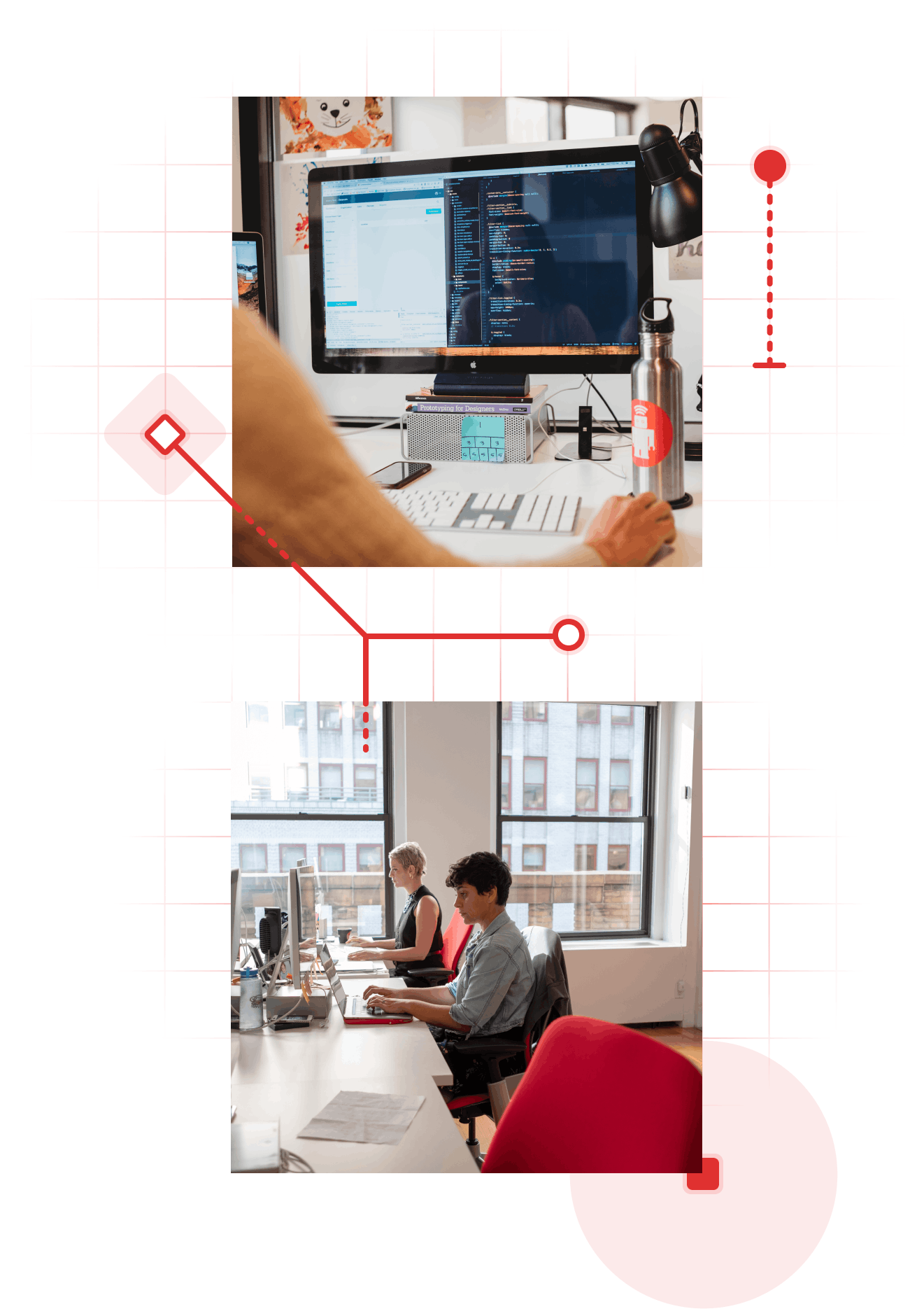 A collage of two images surrounded by red illustrations that look like circuits. Images in the collage show developers working on desktop computers in an office environment.