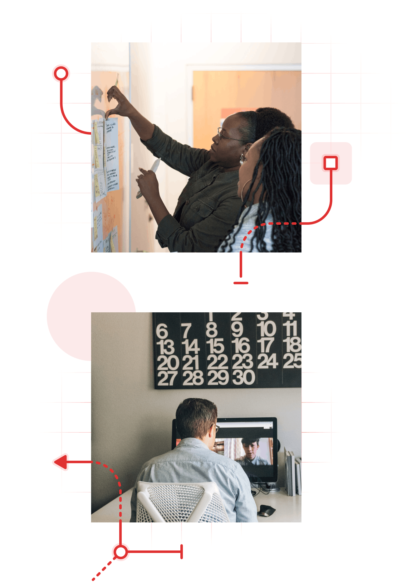 A collage of two images surrounded by illustrations that look like circuits. Images in the collage show people collaborating in front of a white board with sticky notes and on a virtual meeting.