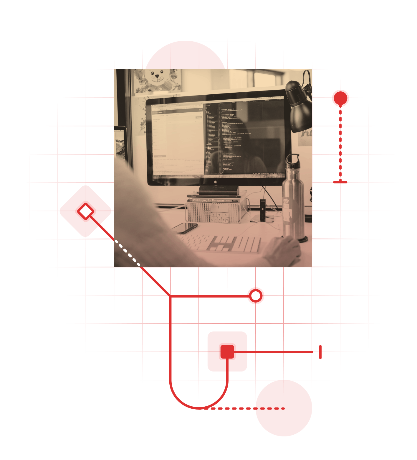 Person writing code on a computer while sitting at a desk. The image has a color gradient graphic treatment and is surrounded by lines that look like circuits.