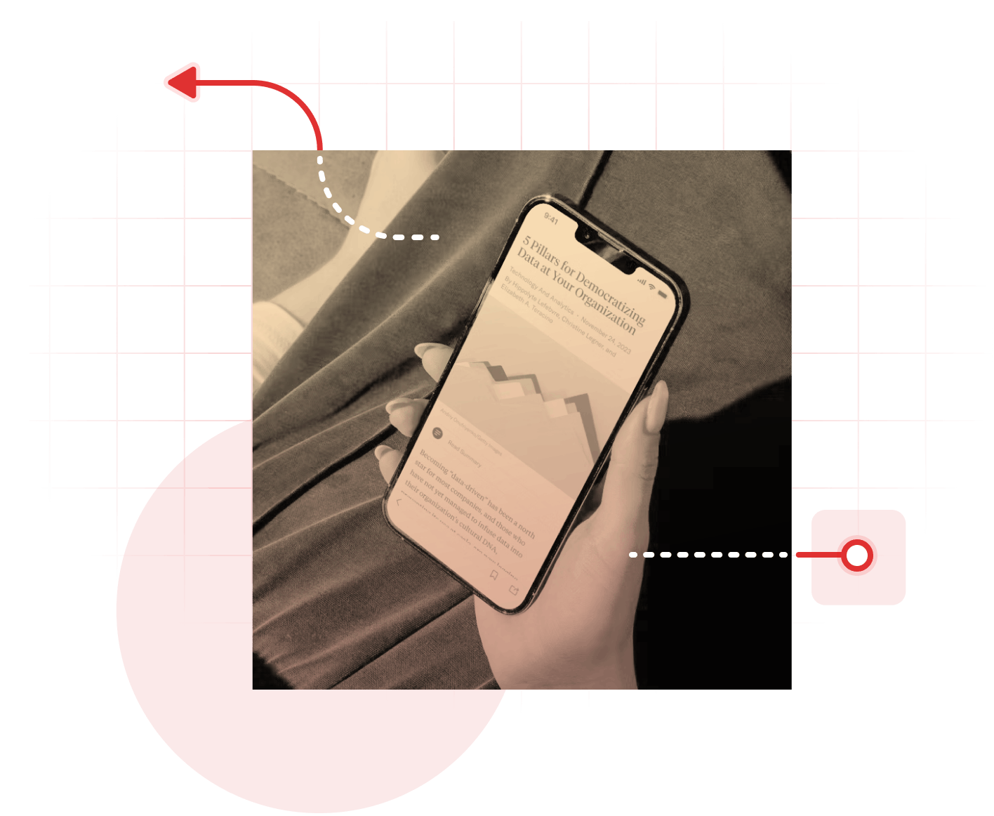 Person holding a phone that has an app open to read an article. The image has a color overlay treatment and is surrounded by various lines and shapes.