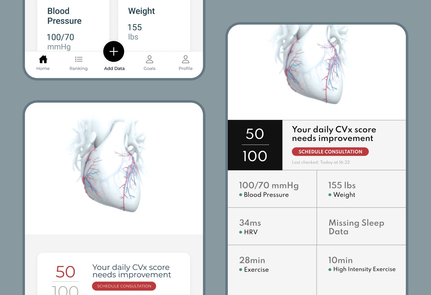 Three screenshots of the Corverix app showing a diagram of a heart with various measurements.