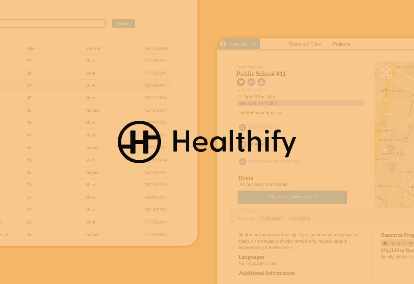 Healthify logo on an orange background with two screenshots of the Healthify web app.