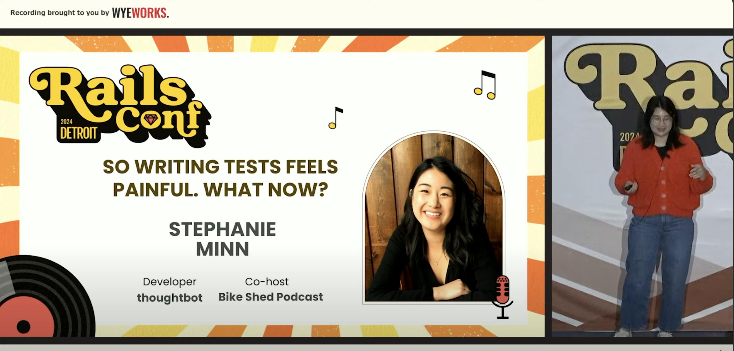 A picture of Stephanie Minn's RailsConf speaker banner, with a picture of Stephanie standing on stage by the right.