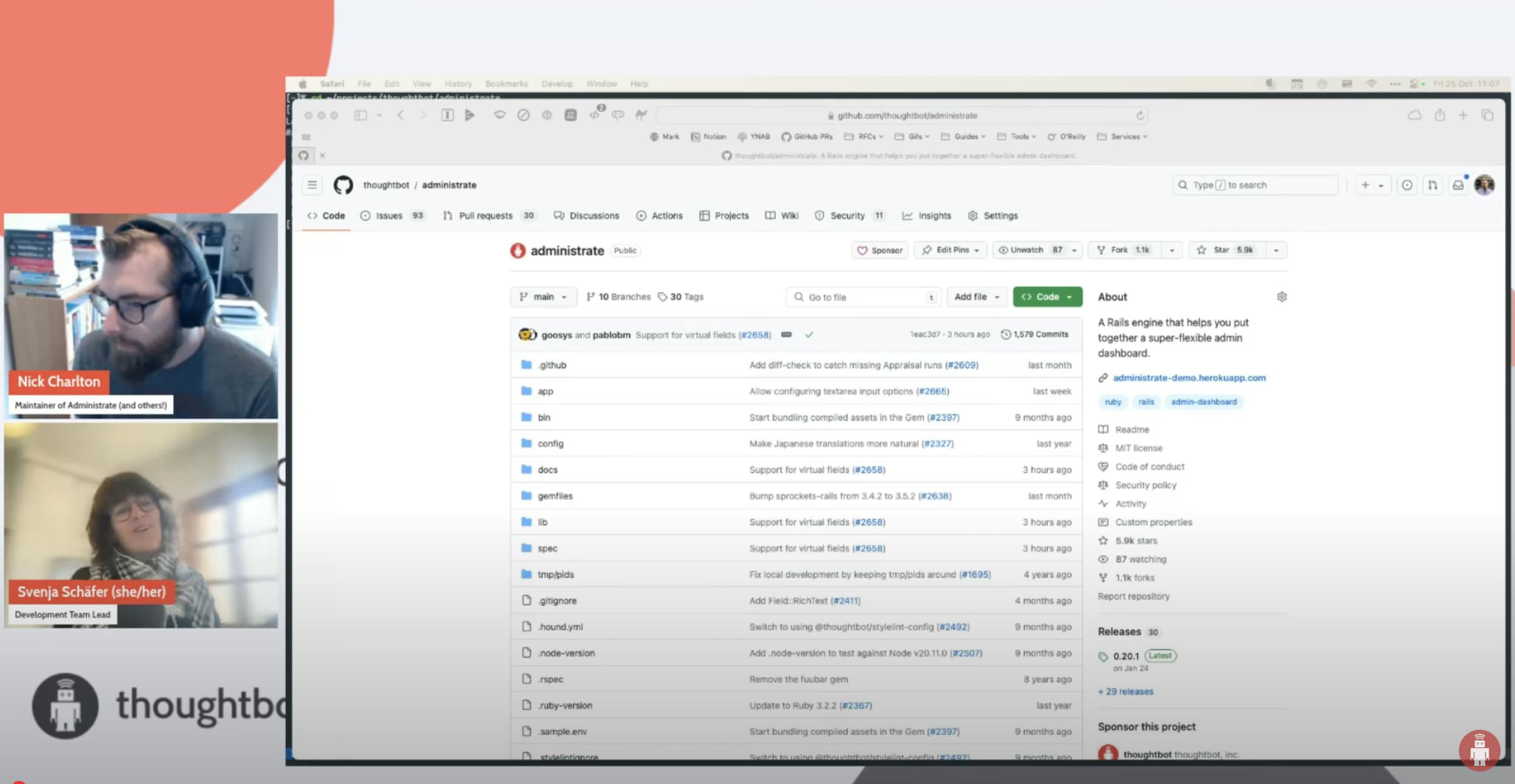 A screenshot showing thumbnails of two people by the left and a picture of a github repo on the right.