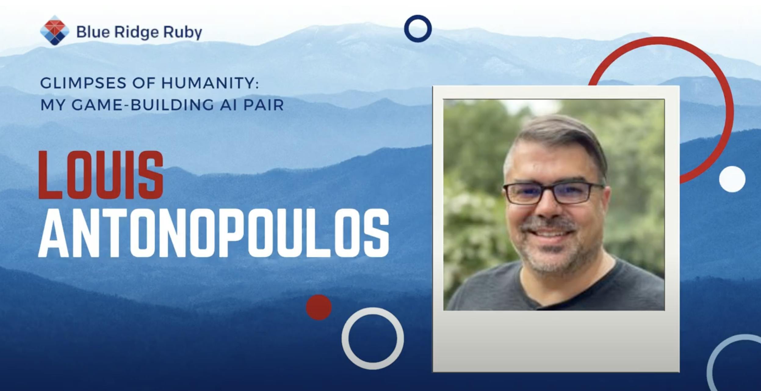 A screenshot of Louis's speaker banner at Blue Ridge Ruby